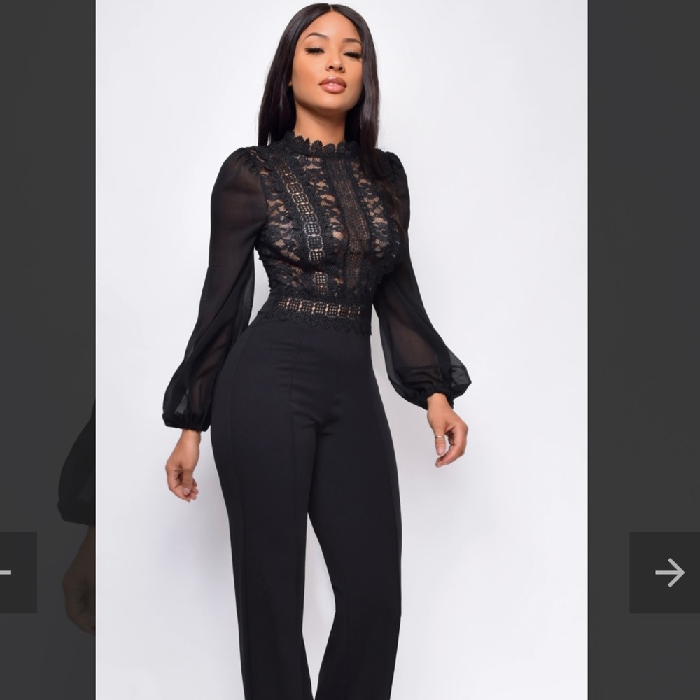 Emprada Nerine Black Crochet Lace Mesh Jumpsuit